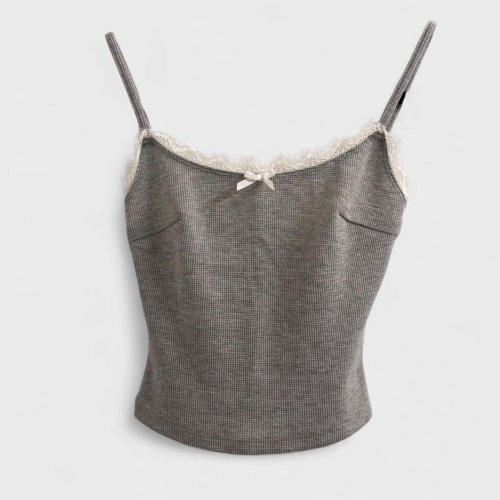 White Fox Boutique Grey Lace-Trim Cami Top